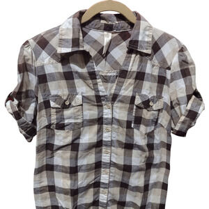 Cotton Plaid Top Roll tab sleeves Button Down S M Western Tunic Length Top